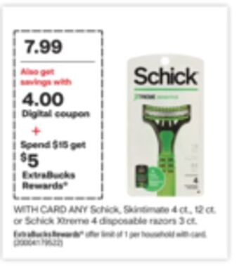 CVS Any schick, skintimate 4 ct., 12 ct. or schick xtreme 4 disposable razors 3 ct offer