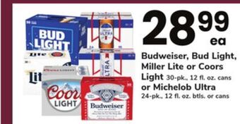 ACME Budweiser, bud light, miller lite or coors light 30-pk., 12 fl. oz. cans or michelob ultra 24-pk., 12 fl. oz. btls. or cans offer