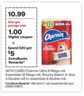 CVS Charmin ultra 8 mega roll, essentials 12 mega roll, bounty select-a-size 4 double roll or essentials 6 double roll offer