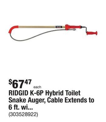 The Home Depot Ridgid k-6p hybrid toilet snake auger, cable extends to 6 ft. with integrated bulb head (manual or cordless drill operated) offer