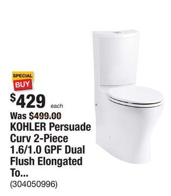 The Home Depot Kohler persuade curv 2-piece 1.6/1.0 gpf dual flush elongated toilet in white, seat included offer