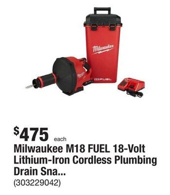 The Home Depot Milwaukee m18 fuel 18-volt lithium-iron cordless plumbing drain snake auger kit with w/ cable drive & 5/16 in. x 35 ft. cable offer