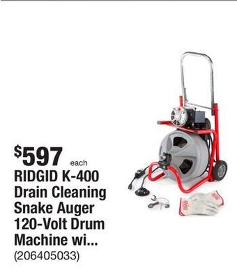 The Home Depot Ridgid k-400 drain cleaning snake auger 120-volt drum machine with c-32iw 3/8 in. x 75 ft. cable + 4-piece tool set & gloves offer