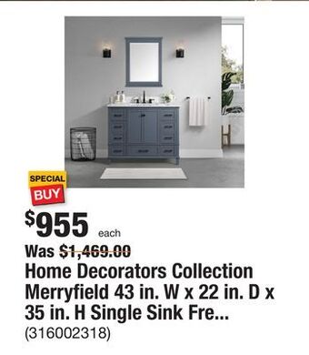 The Home Depot Home decorators collection merryfield 43 in. w x 22 in. d x 35 in. h single sink freestanding bath vanity in dark blue-gray w offer