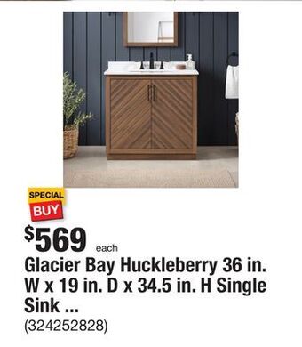 The Home Depot Glacier bay huckleberry 36 in. w x 19 in. d x 34.5 in. h single sink bath vanity in spiced walnut with white engineered stone offer