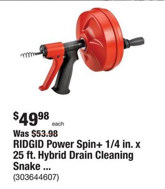 The Home Depot Ridgid power spin+ 1/4 in. x 25 ft. hybrid drain cleaning snake auger (manual or cordless drill operated, tool only) offer