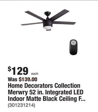 The Home Depot Home decorators collection merwry 52 in. integrated led indoor matte black ceiling fan with light kit and remote control offer