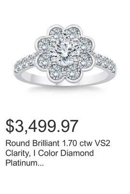 Costco Round brilliant 1.70 ctw vs2 clarity, i color diamond platinum flower ring offer