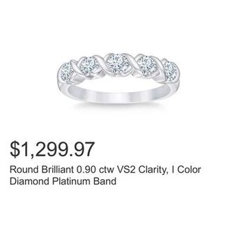 Costco Round brilliant 0.90 ctw vs2 clarity, i color diamond platinum band offer