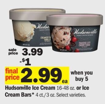 Meijer Hudsonville ice cream 16-48 oz. or ice cream bars* 4 ct./3 oz offer