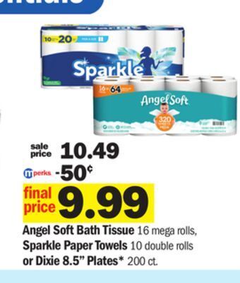 Meijer Angel soft bath tissue 16 mega rolls, sparkle paper towels 10 double rolls or dixie 8.5 plates* 200 ct offer