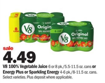 Meijer V8 100% vegetable juice 6 or 8 pk./5.5-11.5 oz. cans or energy plus or sparkling energy 4-6 pk./8-11.5 oz. cans offer