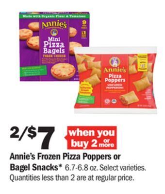 Meijer Annie's frozen pizza poppers or bagel snacks offer