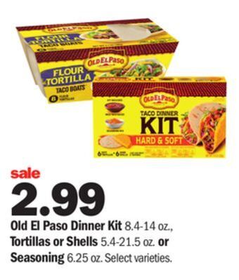Meijer Old el paso dinner kit 8.4-14 oz., tortillas or shells 5.4-21.5 oz. or seasoning 6.25 oz offer
