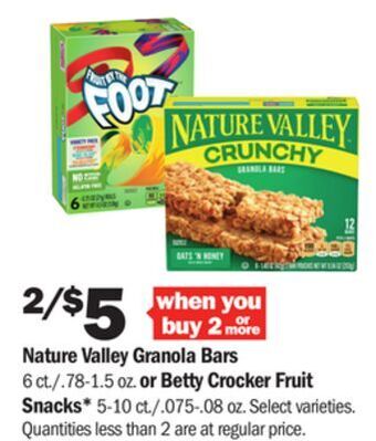 Meijer Nature valley granola bars 6 ct./.78-1.5 oz. or betty crocker fruit snacks* 5-10 ct./.075-.08 oz offer