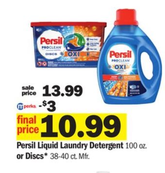 Meijer Persil liquid laundry detergent 100 oz. or discs* 38-40 ct offer