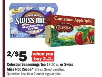 Meijer Celestial seasonings tea 18-20 ct. or swiss miss hot cocoa* 6-8 ct offer