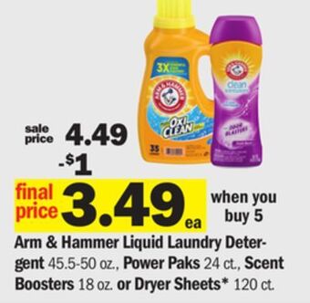 Meijer Arm & hammer liquid laundry detergent 45.5-50 oz., power paks 24 ct., scent boosters 18 oz. or dryer sheets* 120 ct offer