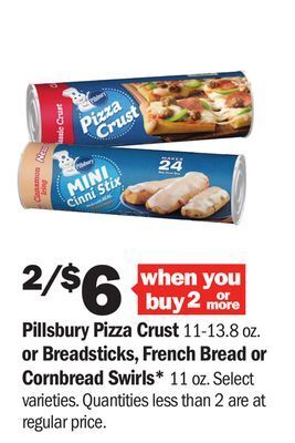 Meijer Pillsbury pizza crust 11-13.8 oz. or pillsbury breadsticks, french bread or cornbread swirls 11 oz offer