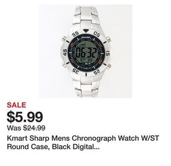 Kmart Kmart sharp mens chronograph watch w/st round case, black digital dial and st band offer