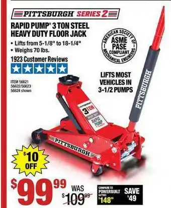 Harbor Freight Tools Pittsburgh Series 2 Rapid Pump® 3 Ton Steel Heavy Duty Floor Jack offer