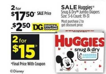 Dollar General Huggies Snug & Dry Jumbo Diapers offer