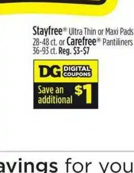Dollar General Stayfree Ultra Thin Or Maxi Pads Or Carefree Pantiliners offer