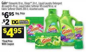 Dollar General Gain Fireworks, Flings! Liquid Laundry Detergent, Liquid Fabric Softener Or Fabric Softener Sheets offer