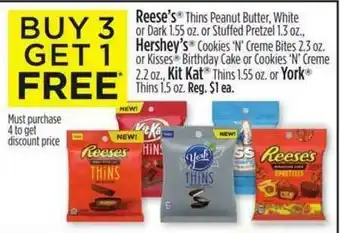 Dollar General Reese's Thins Peanut Butter, White Or Dark Or Stuffed Pretzel, Hershey's Cookies 'n' Creme Bites Or Kisses Birthday Cake Or C offer