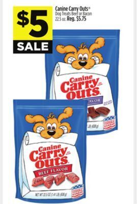 Dollar General Canine carry outs dog treats beef or bacon offer