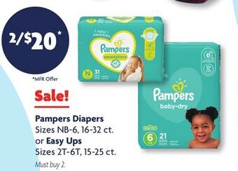 Family Dollar Pampers diapers sizes nb-6, 16-32 ct. or easy ups sizes 2t-6t, 15-25 ct offer