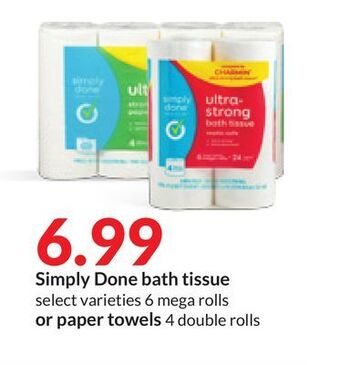 Hy-Vee Simply done bath tissue select varieties 6 mega rolls or paper towels 4 double rolls offer