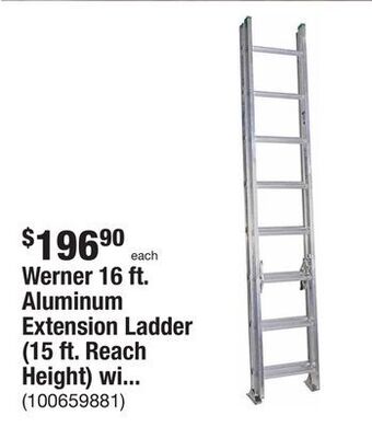 The Home Depot Werner 16 ft. aluminum extension ladder (15 ft. reach height) with 225 lb. load capacity type ii duty rating offer