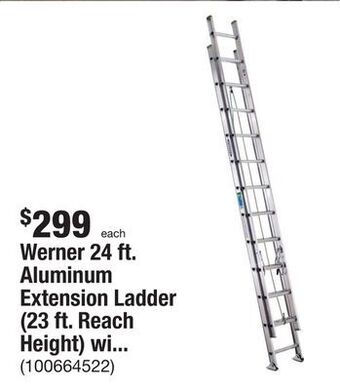 The Home Depot Werner 24 ft. aluminum extension ladder (23 ft. reach height) with 225 lb. load capacity type ii duty rating offer