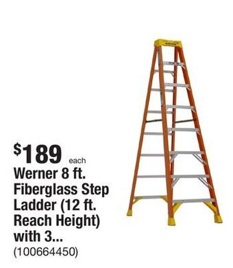 The Home Depot Werner 8 ft. fiberglass step ladder (12 ft. reach height) with 300 lb. load capacity type ia duty rating offer