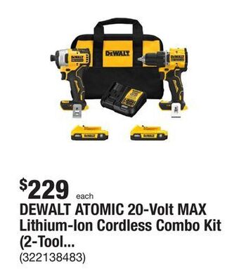 The Home Depot Dewalt atomic 20-volt max lithium-ion cordless combo kit (2-tool) with (2) 2.0ah batteries, charger and bag offer