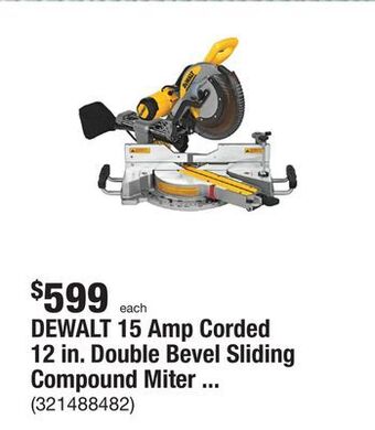 The Home Depot Dewalt 15 amp corded 12 in. double bevel sliding compound miter saw, blade wrench and material clamp offer