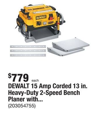 The Home Depot Dewalt 15 amp corded 13 in. heavy-duty 2-speed bench planer with (3) knives, in feed table and out feed table offer