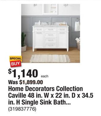 The Home Depot Home decorators collection caville 48 in. w x 22 in. d x 34.5 in. h single sink bath vanity in white with carrara marble top offer