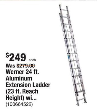 The Home Depot Werner 24 ft. aluminum extension ladder (23 ft. reach height) with 225 lb. load capacity type ii duty rating offer