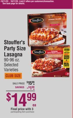 Smart & Final Stouffer's party size lasagna offer