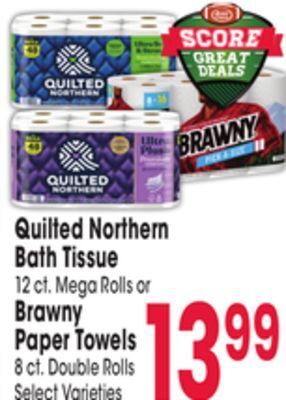Jewel-Osco Quilted northern bath tissue 12 ct. mega rolls or brawny paper towels 8 ct. double rolls offer