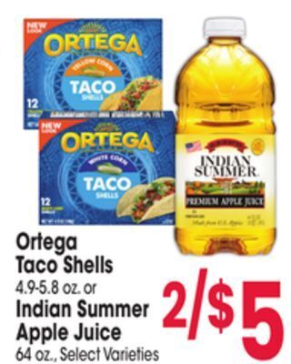 Jewel-Osco Ortega taco shells 4.9-5.8 oz. or indian summer apple juice offer
