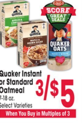 Jewel-Osco Quaker instant or standard oatmeal offer
