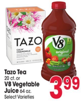 Jewel-Osco Tazo tea 20 ct. or v8 vegetable juice 64 oz offer