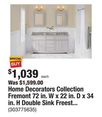 The Home Depot Home decorators collection fremont 72 in. w x 22 in. d x 34 in. h double sink freestanding bath vanity in gray with gray gran offer