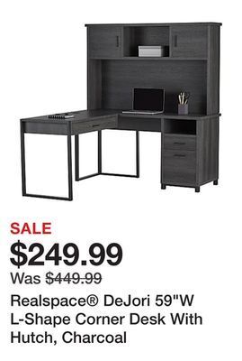 Office Depot Realspace dejori 59w l-shape corner desk with hutch, charcoal offer