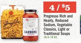 Heinen's Progresso rich and hearty, reduced sodium, vegetable classics, light or traditional soups offer