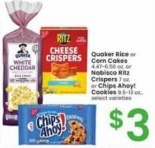 Albertsons Quaker Rice or Corn Cakes Nabisco Ritz Crispers or Chips Ahoy! Cookies offer