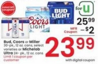 Albertsons Bud, Coors or Miller 30-pk, 12 oz. cans, select varieties or Michelob Ultra 24-pk, 12 oz. offer